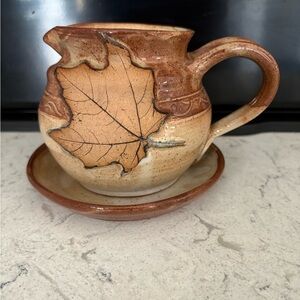 Handmade Maple Leaf Design Ceramic Syrup Pitcher and Saucer